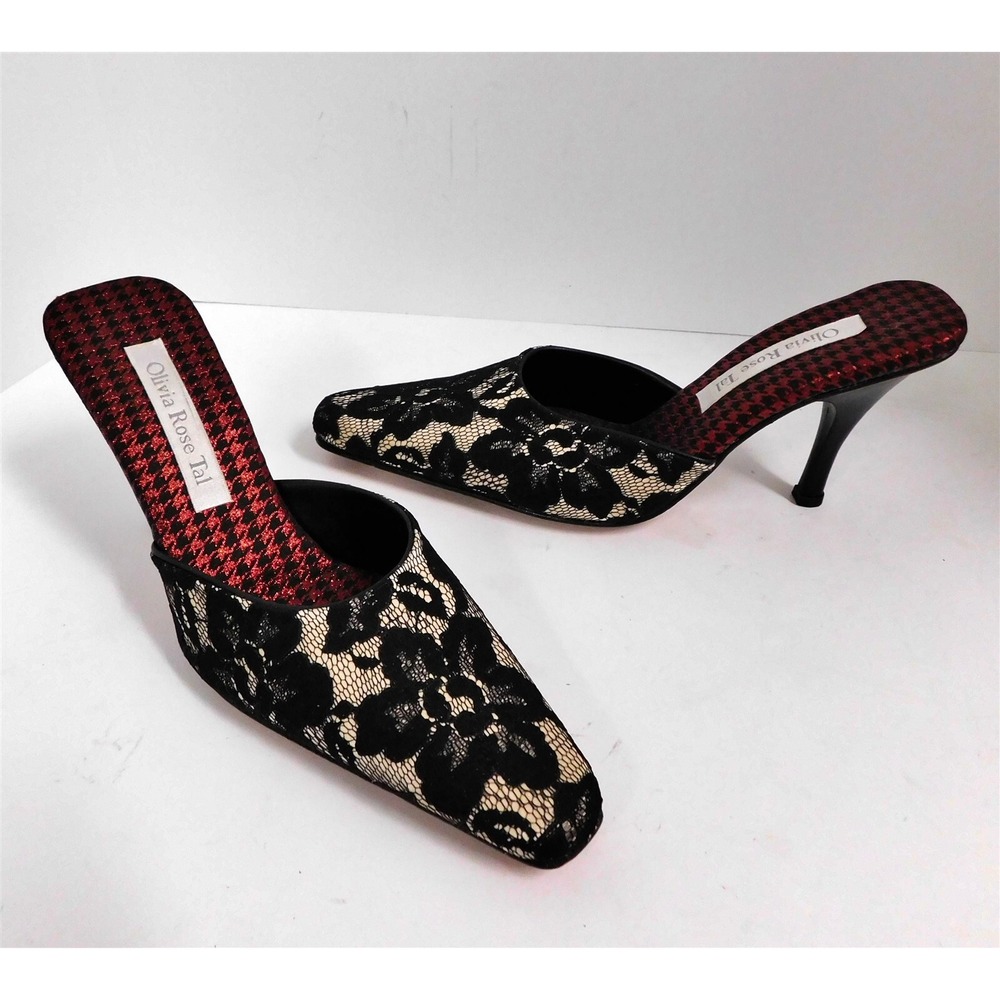 New Olivia Rose Tal Black Beige Lace Slip On Open Back Pumps Italy‎ 7 M